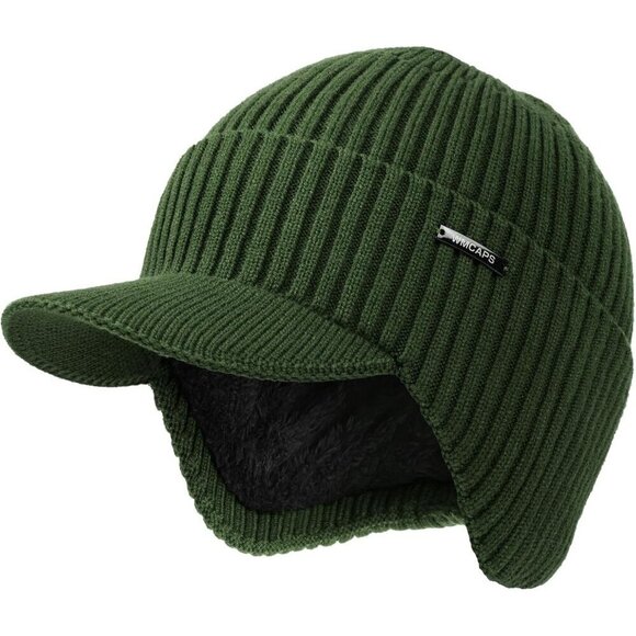 Men & Women Army Green Beanie with Brim and Ear Flaps Fleece-Lined Hat